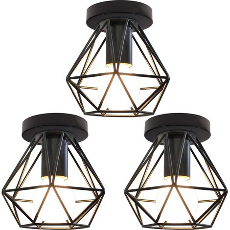 Pendelleuchte Antik, Ø16cm Mini Diamant-Form Kronleuchter, Vintage Hängelampe mit Käfig für Wohnzimmer Schlafzimmer Esszimmer Schwarz 3PCS