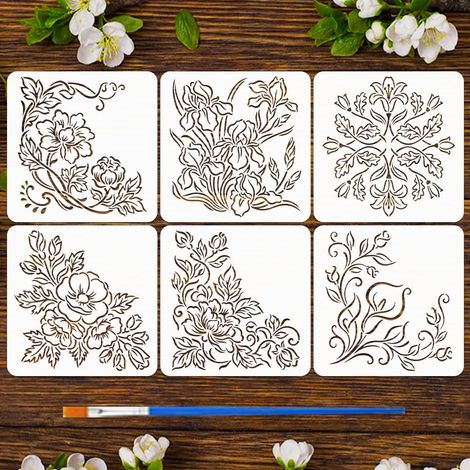 6 Pièces Pochoirs de Peinture de Coins de Fleurs avec Pinceau, 30x30cm Pochoir de Fleur Lys Réutilisable Pochoir Coin Rose Vintage pour Peinture sur Bois Toile Papier Tissu Sol Art DIY (1/5)