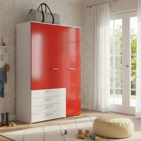 L.135 H.193,8 - Armadio ad ante battenti con appendiabiti e cassetti - Design moderno e funzionale - Bianco e Rosso