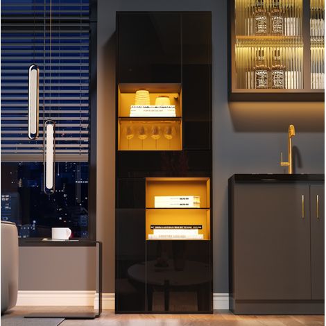 Vitrine noire avec éclairage LED, 1 tiroir et 4 placards, 55 x 38 x 170 cm HAVRYA (1/5)