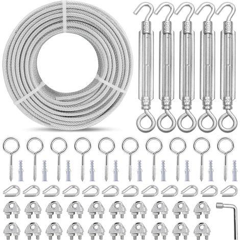Steel Cable 3 mm Core 7 x 7 Strands, 30 m PVC Sheathed Steel Cable  WLL 730 kg, Shade Sail Tensioner Kit for Railing, Balusters, Fence, Garlands, Laundry, Curtain, Shade Sail (1/5)