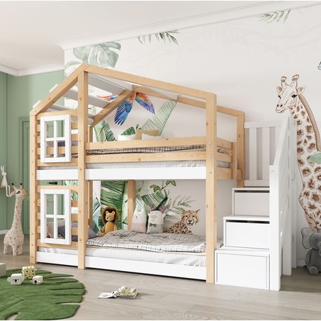 Etagenbett Baumhaus 90x200 cm Natur & Weiß aus Massivholz und MDF mit Stauraum und Rausfallschutz (1/5)