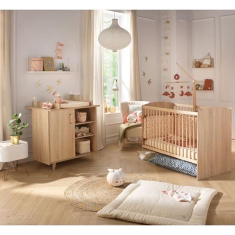 Chambre bébé complète 120x60 cm – Lit avec commode à langer intégré – Chêne doré – Fabrication française – Sauthon
