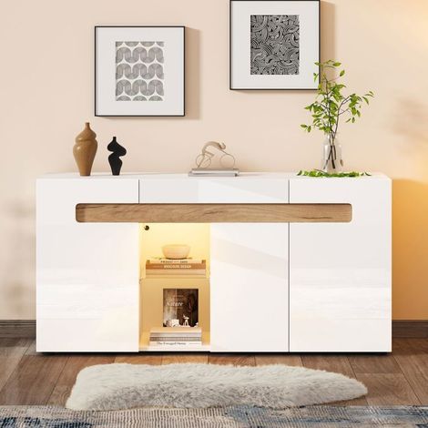 Buffet 140 x 40 x 70 cm 3 portes éclairage LED commande par application meuble brillant blanc étagère en verre meuble de rangement (1/5)