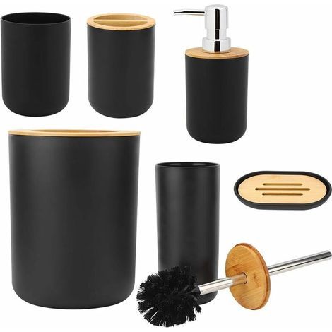 6 Pièces Ensemble d'accessoires de Salle de Bain en Bambou, Bouteilles de Lotion, gobelet à Dents, Porte-Savon, Brosse de Toilette, Poubelle, Plateau (1/5)