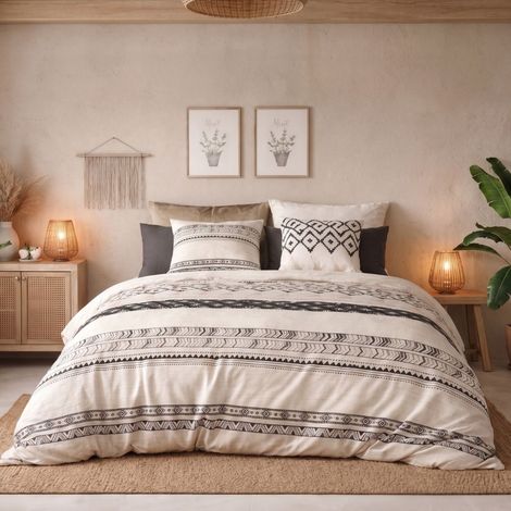 Parure housse de couette 260x240cm + 2 taies motif bohème écru et noir 100% coton - SILESY (1/4)