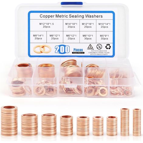 200 Stück Metallscheiben, Kupferdichtung, Abflussscheiben für Türscharniere, flache Unterlegscheiben, Dichtungen, Dichtungsring, Kupferscheiben, Abflussdichtungs-Sortiment-Set, 9 Größen – M5M6M8M10M12