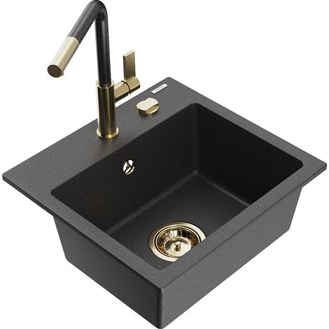 Mexen Milo 1-Becken-Granitspüle mit Mischbatterie Flora, Schwarz gesprenkelt - 6505-76-670401-75-G (1/5)