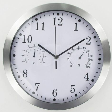 Horloge murale ronde à quartz, horloge murale intérieure silencieuse en aluminium avec thermomètre et hygromètre pour salon, cuisine, bureau (blanc) (1/5)