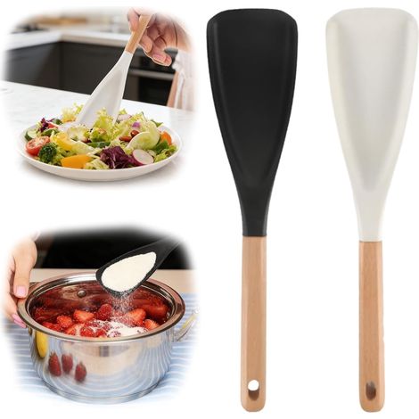 Espátula multifuncional, cuchara de silicona para ensalada, para utensilios de cocina antiadherentes, cuchara con mango de madera, para remover, recoger y raspar, paquete de 2 unidades. (1/5)
