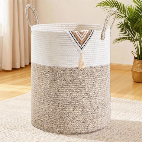 XXL Wäschekorb 100L geflochten aus Baumwollseil mit Henkeln, Braun & Weiß (1/5)