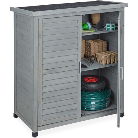 Relaxdays Garden Cabinet, 3 Compartments, Flat Roof with Slope, Double Door, 97 x 86.5 x 47 cm, Tool Storage, Wood, Grey (1/5)