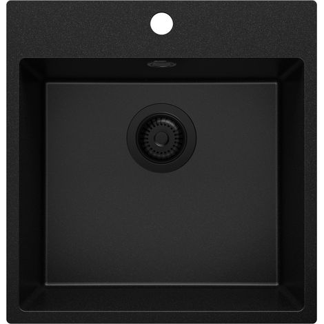 PRIMAGRAN Evier Cuisine en Granit 48x50cm, Lavabo 1 bac + Kit de Vidage, Évier à Encastrer au meuble 50cm - Riga, Tout Noir