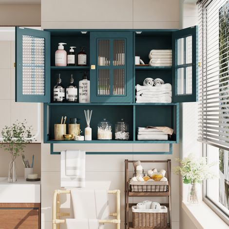 ELVMI Armoire de salle de bain murale avec 3 Portes, 1 Niche ouverte et Porte-serviettes pour Salle de Bain, MDF, 88 × 26 × 82.5 cm, Vert Foncé (1/5)