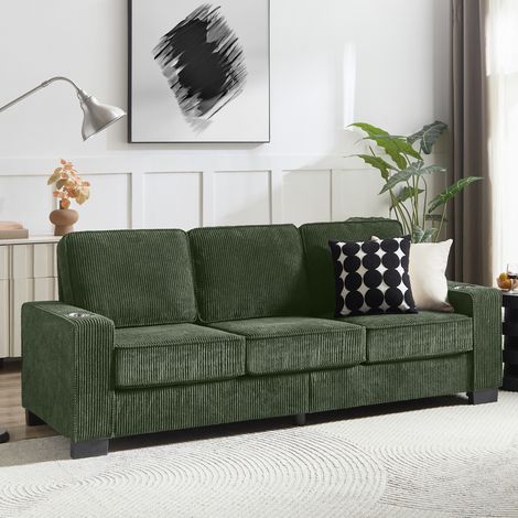 Divano 3 posti 206x72x86 cm verde oliva con portabicchieri, tessuto a coste design moderno MEUBLIV