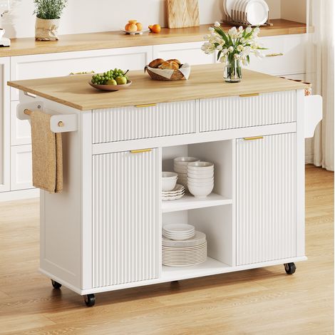Meuble de cuisine sur roulettes 143 x 45 x 89,5 cm, plateau rabattable blanc et bois HAVRYA (1/5)