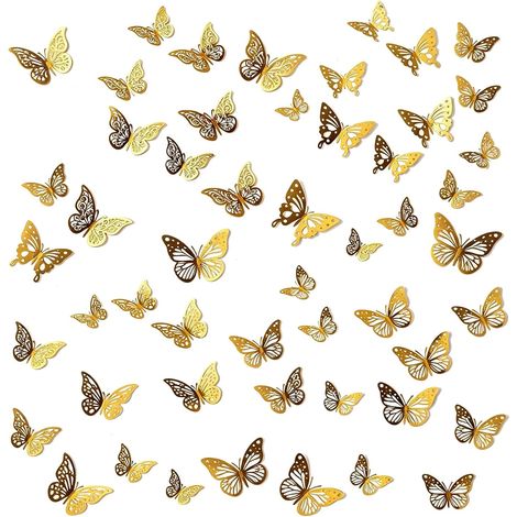 48 Pcs Papillons Décoratifs 3D Muraux Dorés - Autocollants Amovibles Vifs pour Chambre d'Enfants, Fête, Anniversaire & Mariage (1/5)