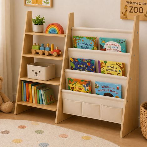 Relaxdays Bücherregal Kinder, 5 Stofftaschen & 4 offene Ablagen, Duo Standregal, HBT: 75x92,5x23 cm, MDF, weiß/natur (1/5)