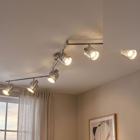 Lampada da soffitto Lampada da soffitto a 6 fiamme striscia di faretti orientabile per soggiorno, metallo velluto argento, 6x E14 LxH 145x18 cm