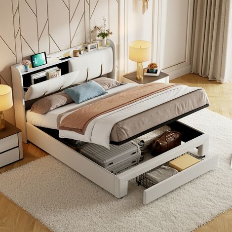 Tanant – Lit coffre 160x200 cm – Tissu velours beige – 1 tiroir de rangement – Éclairage LED tête de lit – Ports USB et Type-C intégrés (1/5)