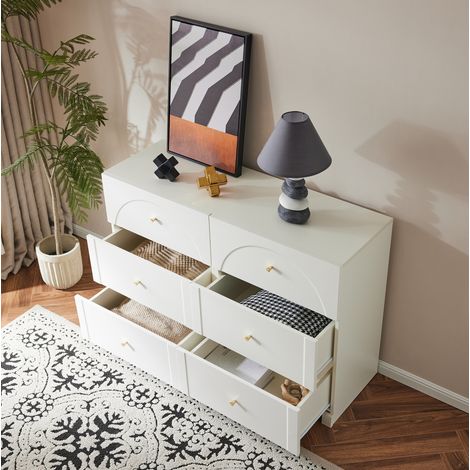 Kommode 82x120x40 cm Weiß aus Spanplatte mit 6 Schubladen, romantischem Design, Metallgriffen und Kippsicherung (1/5)