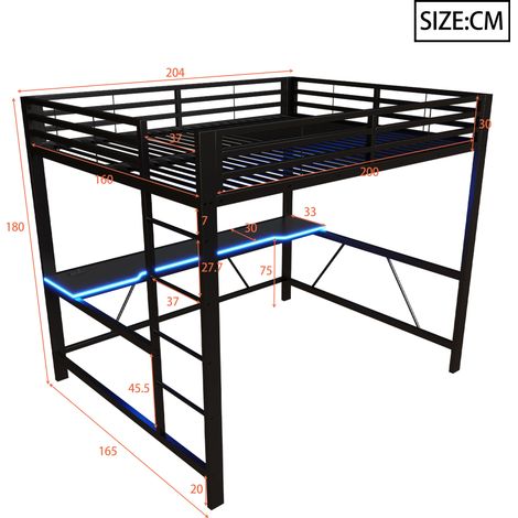 Cadre de lit surélevé en métal 160x200 avec éclairage LED, station de charge USB et bureau intégré, noir (1/5)