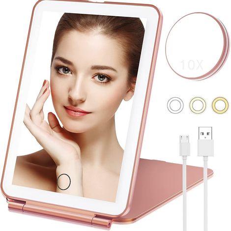 Miroir de maquillage avec grossissement x10, 3 couleurs d'éclairage, 72 LED, miroir de couloir pliable et compact idéal pour les voyages (1/5)