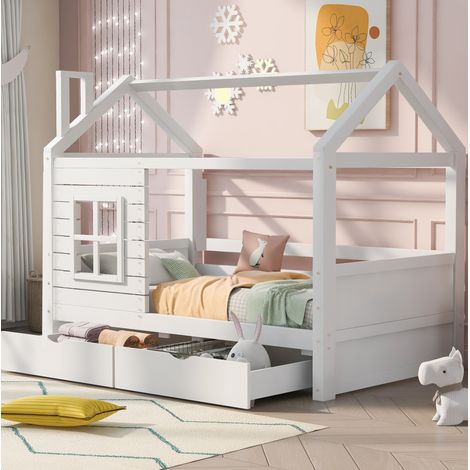 Cama casita infantil 90x200 cm de pino blanca con cajones, ahorra espacio, sin colchón – MEUBLIV (1/5)