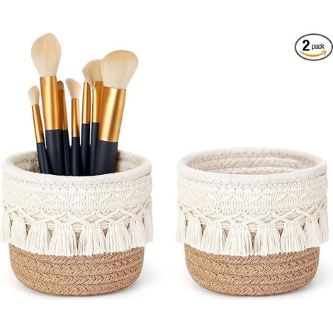 Organisateur de pinceaux de maquillage en macramé : Ensemble de 2 paniers de rangement mini boho, pour pinceaux, stylos et crayons, couleur marron et blanc. (1/5)