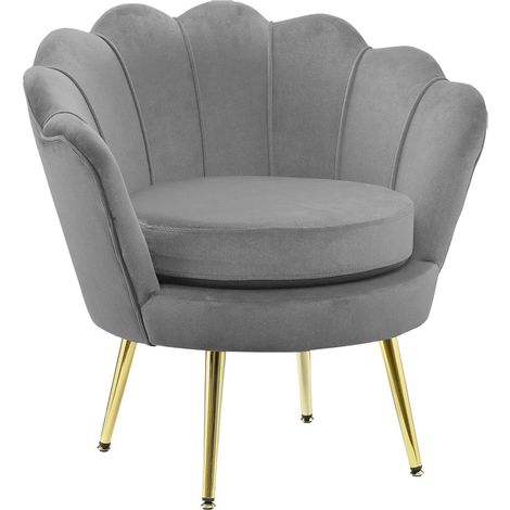 Fauteuil avec Dossier en Coquille, rembourré, avec Pieds chromés, idéal pour Salon, Chambre à Coucher, Bureau Fauteuil en Velours, Gris Clair, 77 x 79 x H 77 cm XL (1/3)