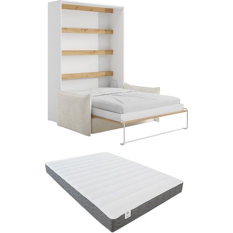 Letto a scomparsa 140 x 200 cm Apertura verticale manuale Con LED Bianco e naturale + Divano + Materasso - RAPILI (1/5)