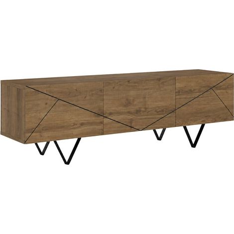 Meuble TV 3 portes aspect bois foncé avec lignes graphiques pieds métal en V - CORELLE (1/5)