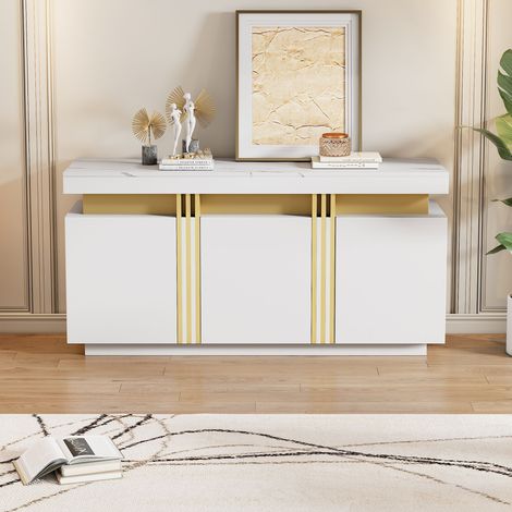 Buffet moderne blanc 140 x 38 x 70 cm, 3 portes, meuble de salle à manger avec séparateurs réglables, parfait pour cuisine, salon, salle à manger, entrée, finitions platine, larges rangements sans poi (1/5)