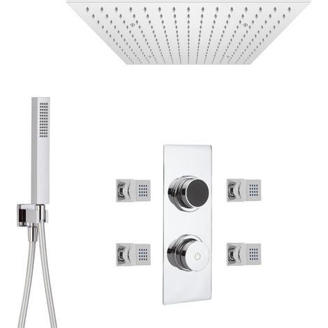 Milano Vis Digital Three Outlet Thermostatic Shower with 500mm Ceiling Mounted Square Recessed Rainfall Shower Head Hand Shower Handset and Body Jets - Chrome (1/5)