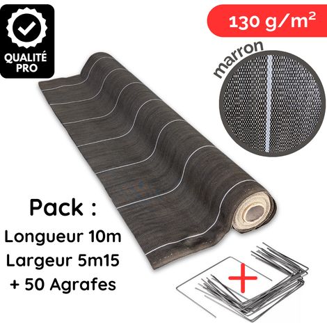 Toile de paillage avec agrafes Largeur 5,15m Longueur 10m anti mauvaises herbes Coloris Marron 130gr m2 ZENLYS tissée Pack Lot (1/5)