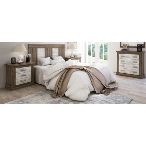 Ensemble tête de lit + 2 tables de chevet + commode coloris Chêne truffé,blanc vieilli -PEGANE- (1/4)