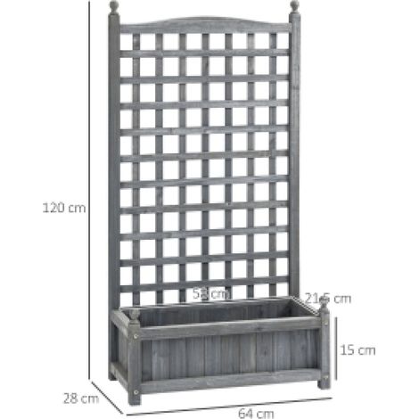 Bac de plantation 2-en-1 avec treillis pour plantes grimpantes, bois gris clair 64 x 28 x 120 cm, avec orifices de drainage, décoration et séparateur d'espace pour jardin et balcon
