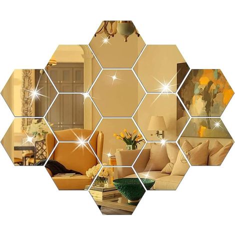 Lot de 24 stickers muraux miroir à faire soi-même, carreaux hexagonaux dorés en acrylique, style kawaii, accessoires de décoration. (1/5)