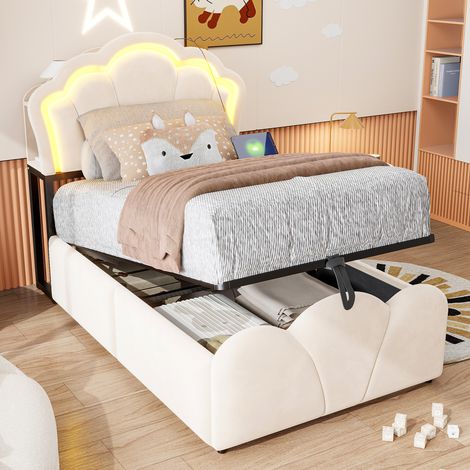 Lit simple 90x200 cm en velours beige avec rangement LED, gain de place, sans matelas – MEUBLIV (1/5)