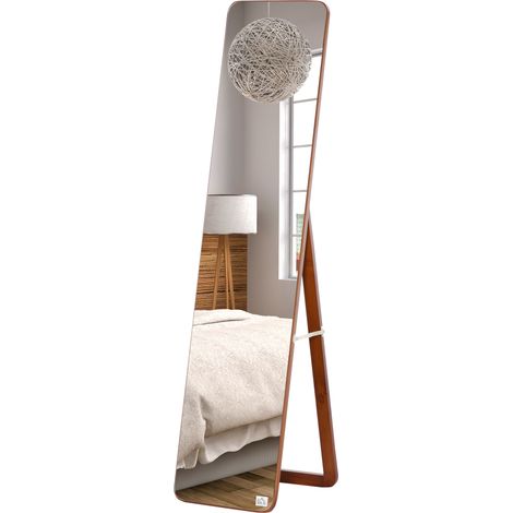 Miroir sur pied et mural avec cadre en bois, support pliable à charnières, 37 x 43 x 156 cm, noyer clair
