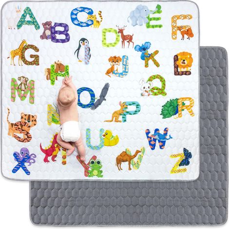 Tapis de Jeux Bebe, Antidérapant Tapis Rampant Bébé 200x180 cm, Résistant à l'eau Tapis de Motricité Bébé Pliable, Coton Lettre Animaux Tapis Eveil Enfants Epais, Applicable à Clôture (1/5)