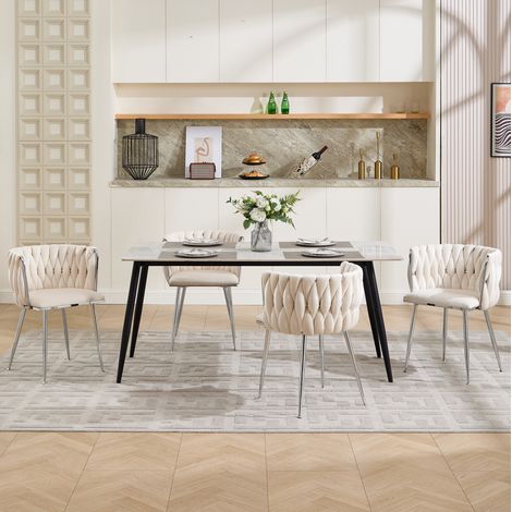 Lot de 2 Chaises de Salle à Manger Tissu Ivoire avec Pieds Argentés (1/5)
