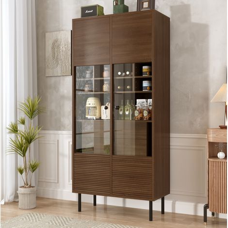 Vetrina contenitore color legno in MDF con ante in vetro, 4 cassetti nascosti e ripiani multipli (1/5)