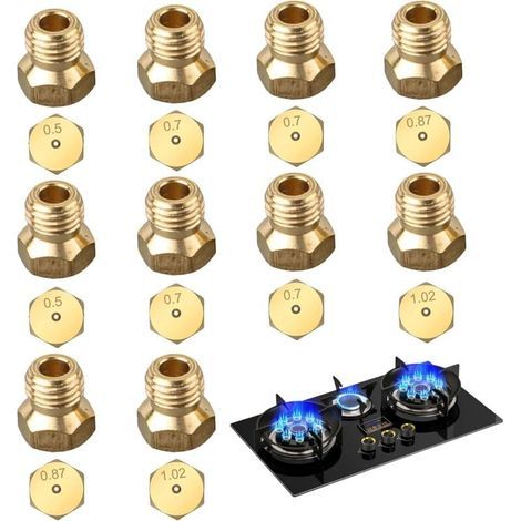 Lot de 10 Gicleur Gaz Butane, 2×0.5mm, 4×0.7mm, 2×0.87mm, 2×1.02mm Gicleur Gaz Bouteille, Gicleur Gaz de Ville, Injecteur Gaz Butane, Buse (1/4)