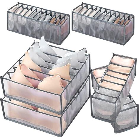 6 sous Vêtements Organisateur De Tiroir Chaussette Pliable Soutien-Gorge Séparateur De Tiroir, Boîtes De Rangement Lavables pour Bras, Culottes, Bas, Cravates Et Écharpes (6+7+11Grille), Gris