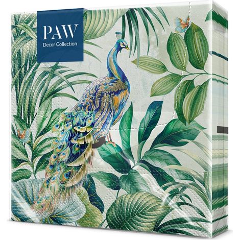 PAW - Tovaglioli di Carta Colorati (33 x 33 cm) I 20 Pezzi I Tovaglioli Compleanno I Esotico, Estate, Pavone, Foglie I 3 veli I Tovaglioli di Carta Decorati per Compleanni e Feste - Peacock (1/4)