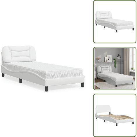 The Living Store Lit avec matelas blanc 90x200 cm similicuir - Lit Double - Lit Plateforme - Lit Design - Literie - Sommier Tapissier
