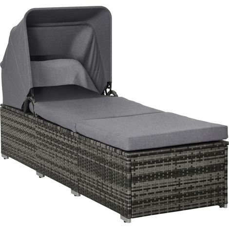 Transat Outsunny en polyrotin avec pare-soleil, transat de jardin réglable, chaise longue en rotin, mobilier de jardin, chaise longue avec coussin, gris, 195 x 65 x 40 cm (1/5)