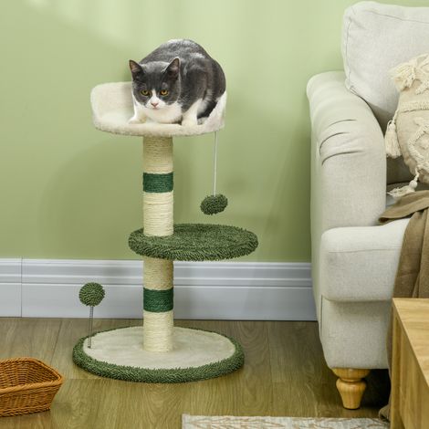 Katzenbaum mit Katzenbett, 2 Bällen, Sisalplattform und -stange, Katzenspielgerät mit Chenille- und Plüschfutter, Grün und Weiß (1/5)