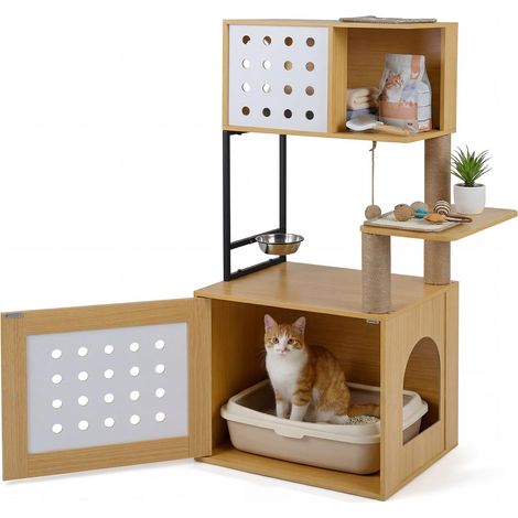 COSTWAY Mobile Lettiera Gatti Multilivello, Albero Tiragraffi per Toilette Nascosta in Legno, con  Ciotola, Cuccia, Piattaforme di Attività, Tiragraffi e Giocattoli, 73 x 43 x 117,5 cm (Naturale) (1/5)